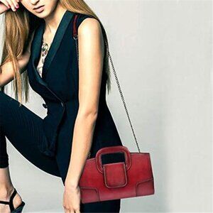 Vintage Style Flap Dark Red Tote Top Handle Satchel Handbags Vegan Leather